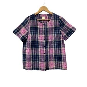 Blair Womens Large Blouse Cotton Blend Purple Blue Check‎ Short Sleeve Button up